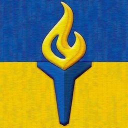 Ukrainian flag with a torch in the centre